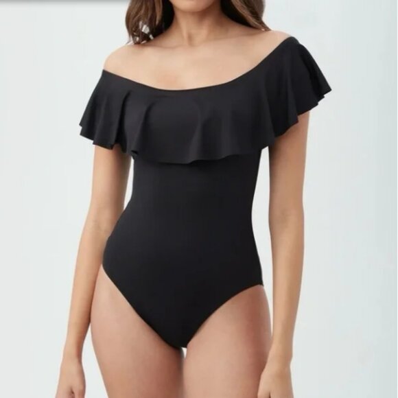 Trina Turk Monaco Off The Shoulder Ruffle Black One Piece Swimsuit Size 12 - Picture 1 of 9
